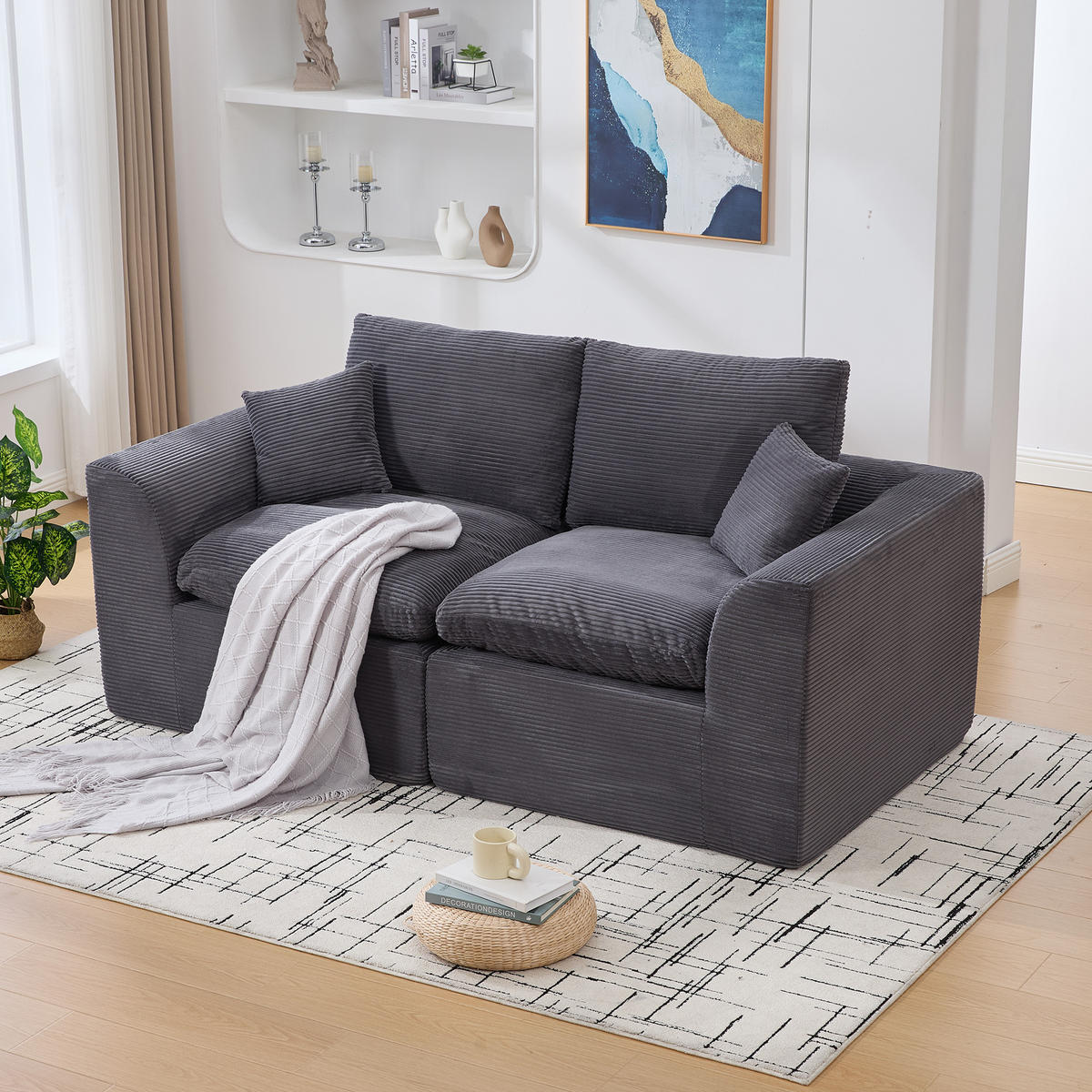 2-SITZER SOFA Cord Dunkelgrau mit Kissen - Dunkelgrau, Textil (204/84/102.5cm) - WISHDOR