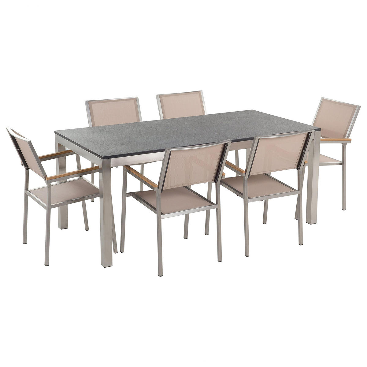 GARTENMÖBEL SET 6-Sitzer Naturstein schwarz geflammt Textilbespannung beige Grosseto - Beige/Silberfarben, Metall - Beliani
