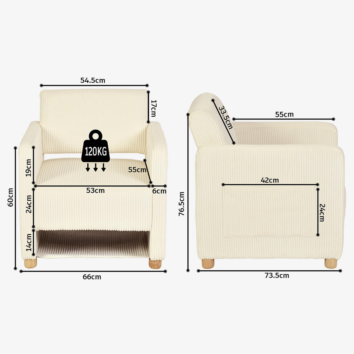 SESSEL, 2er-Set, mit Armlehnen, Cordbezug und Massivholzfüßen, Beige und Grün - Beige/Grün, Holz (66/76.5/73.5cm) - Meubles Cosy