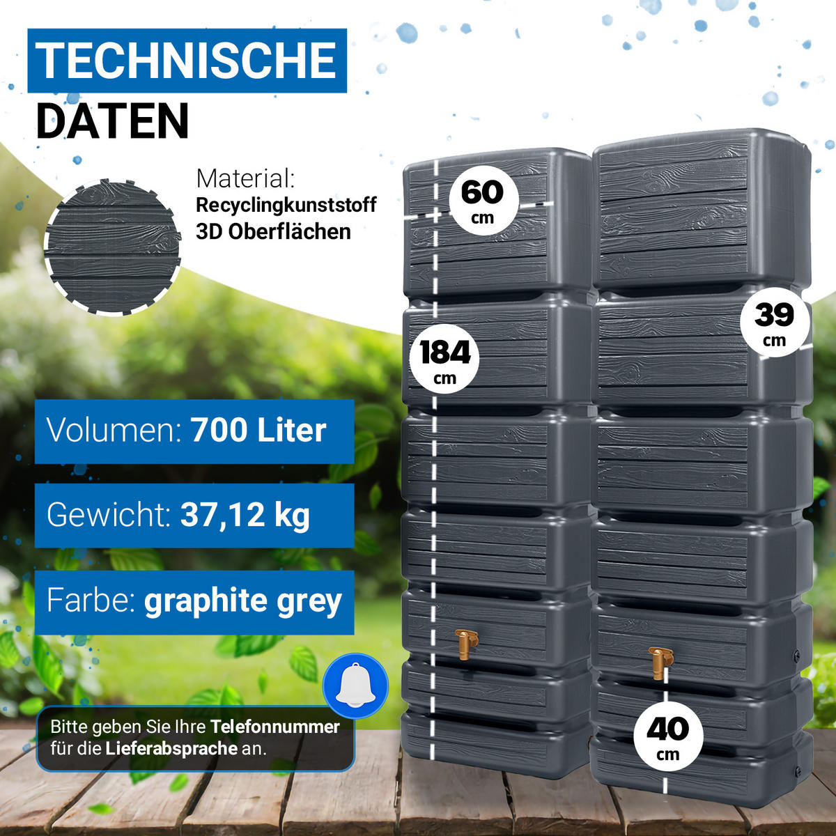 WANDTANK-SET 700 L graphite grey 2 x 350 L inkl. Verbindungsset - Graphitfarben, Kunststoff (130/184/39cm) - 4rain