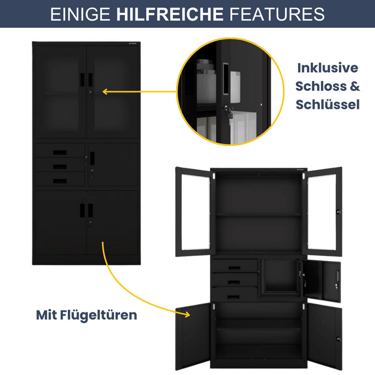 VITRINENSCHRANK abschließbar GEDO mit Tresor 185x90x40cm Schwarz - Schwarz, Metall (90/185/40cm) - DELUKE