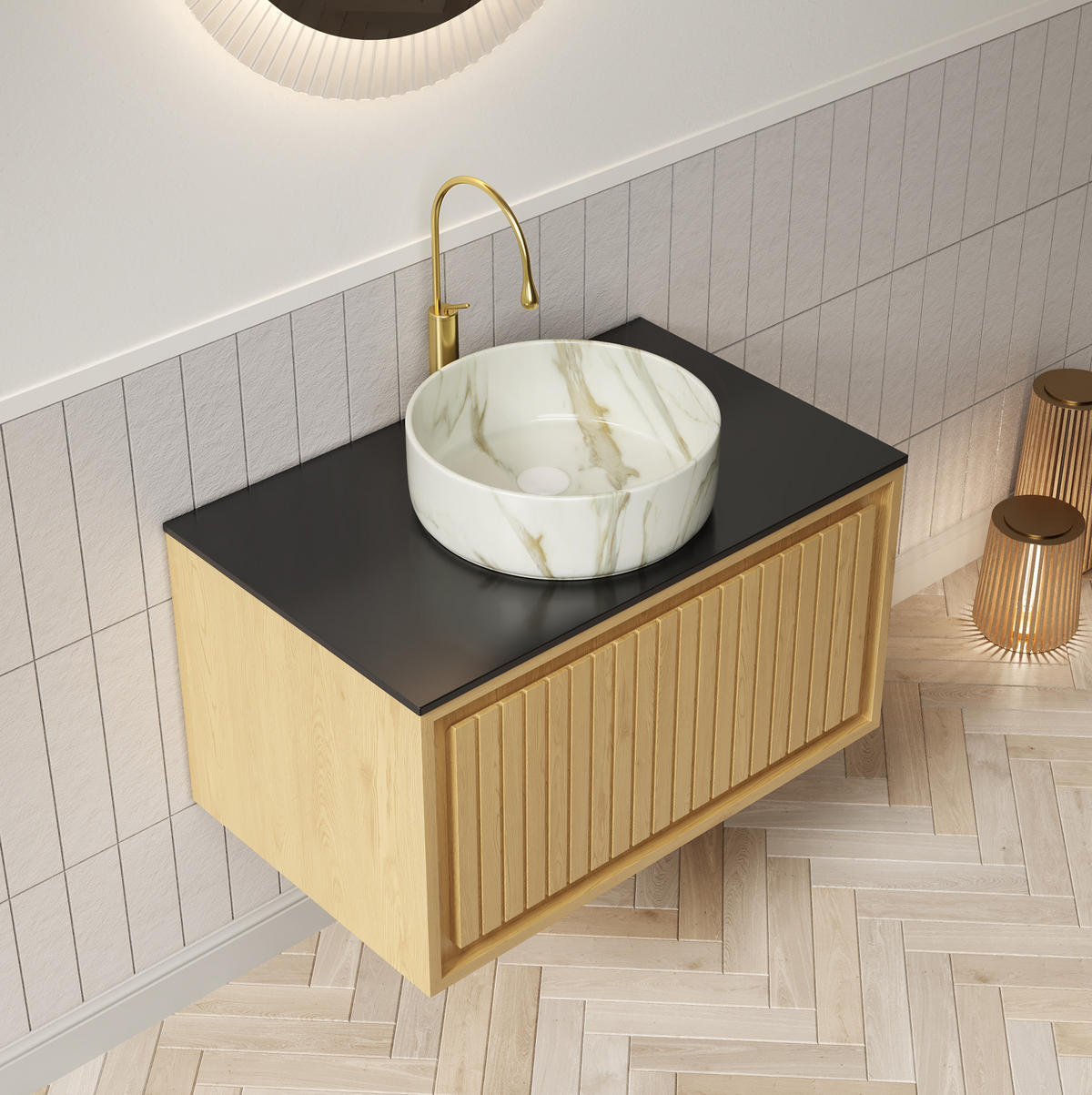 WASCHTISCHUNTERSCHRANK hängend mit Schublade Keramik und Sinterstein Golden Oak - Eichefarben, Holzwerkstoff (48/53.1/76cm) - Beauniv