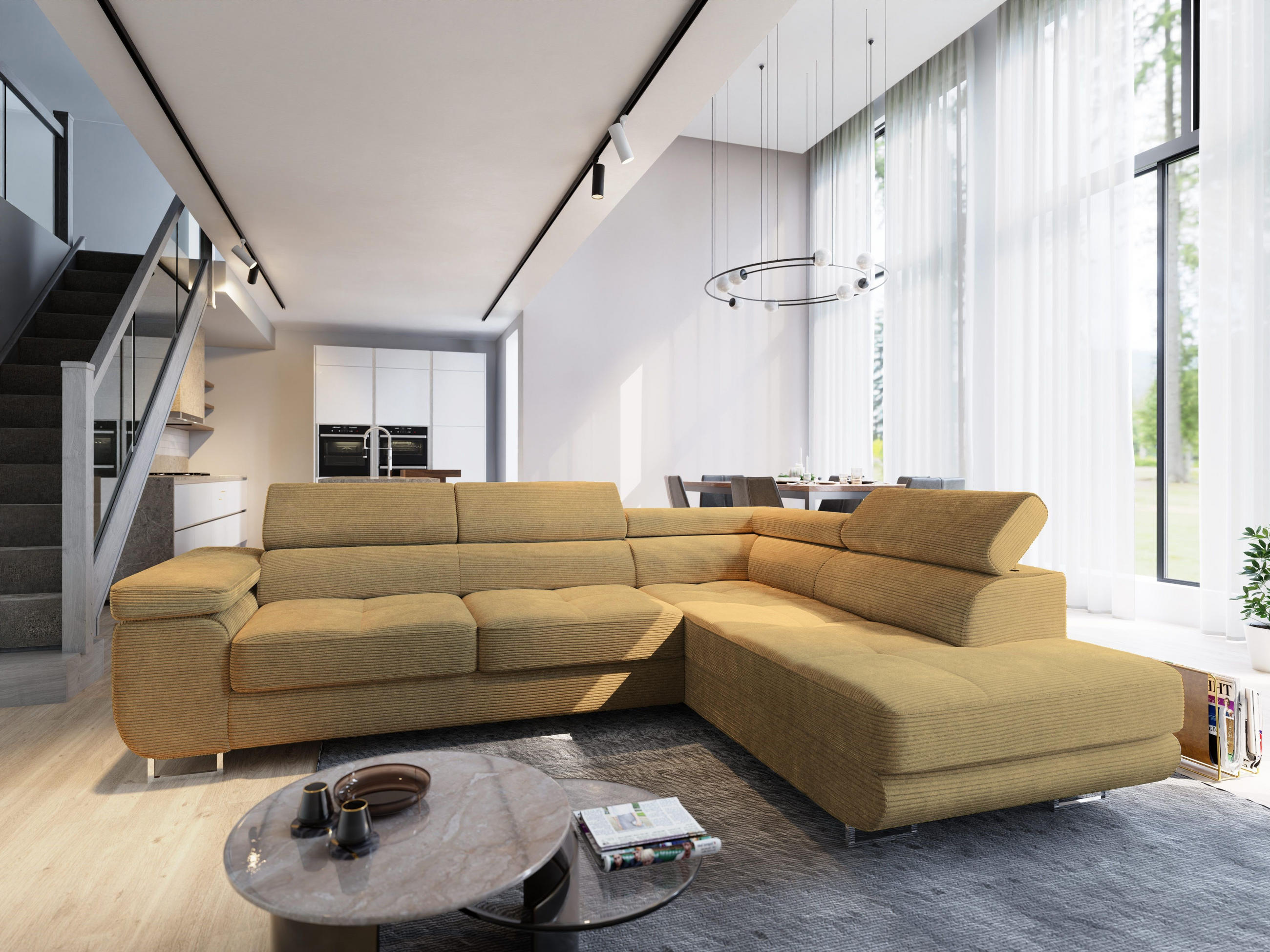 ECKSOFA APIRO R-S Gelb Kordstoff mit Schlaffunktion - Gelb, Holz (276/202cm) - MASSENO