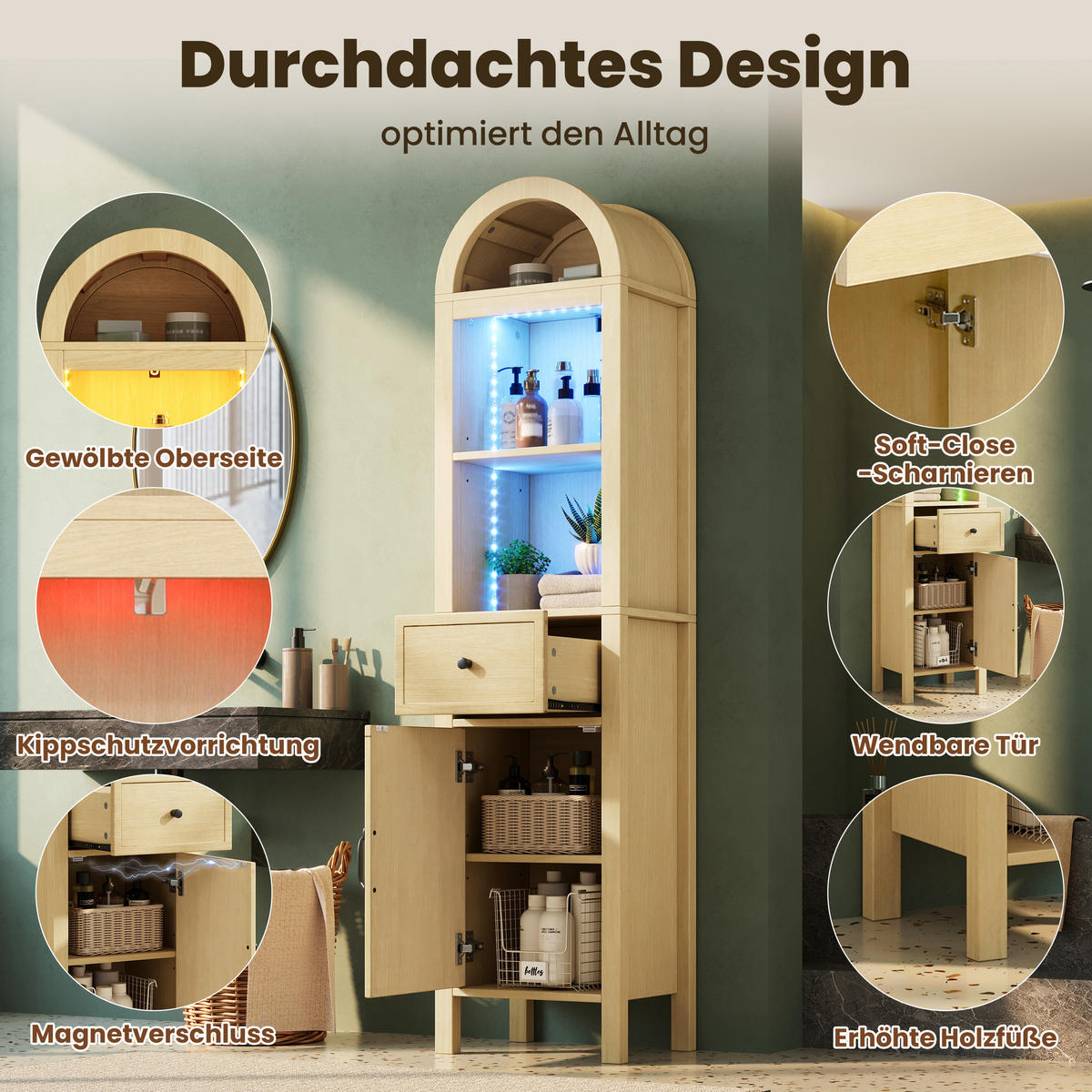 HOCHSCHRANK 40/30/163 cm Naturholz mit 1 Schubladen und LED - Naturfarben, Holz/Holzwerkstoff (30/163/40cm) - Oxeza
