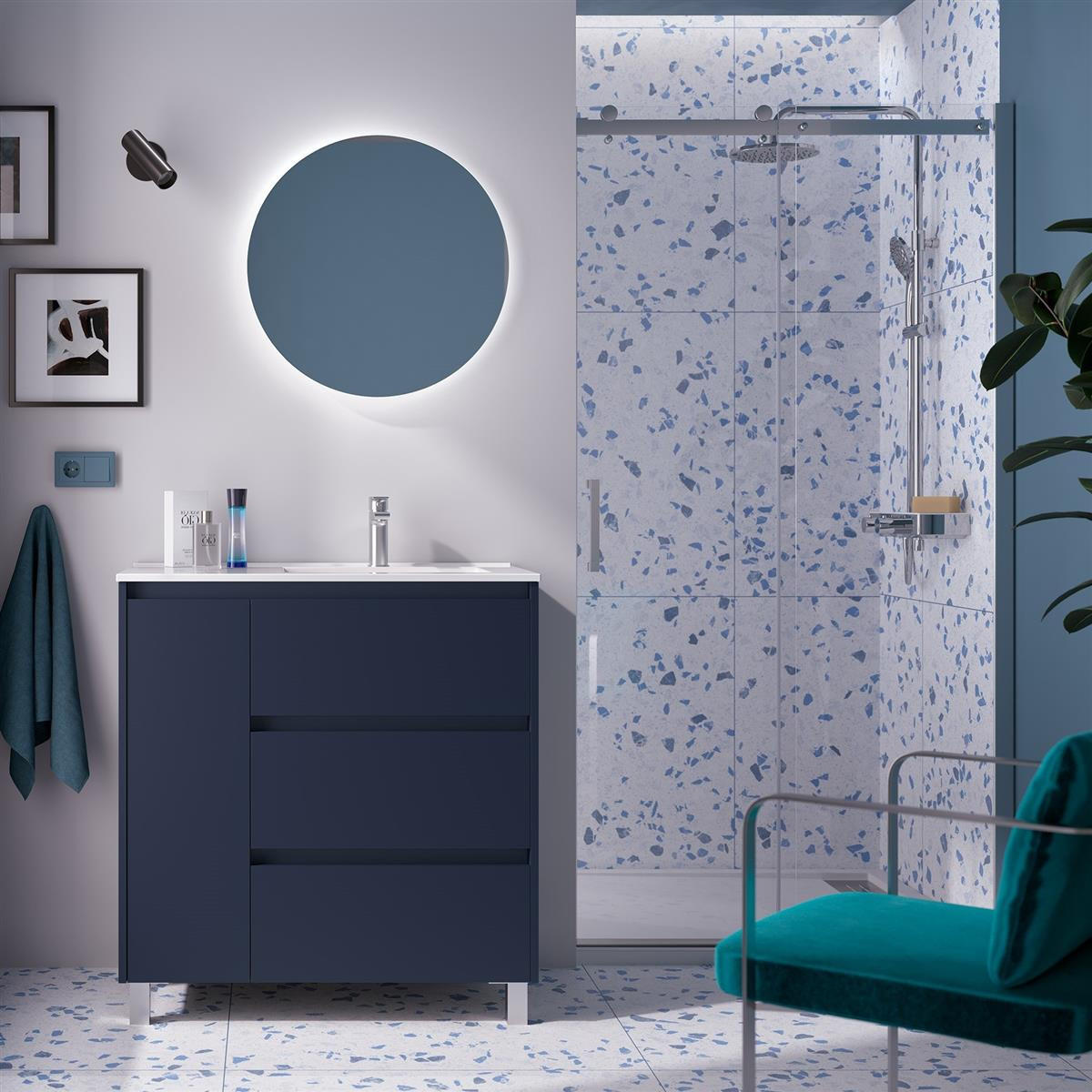 NOJA Komplett-Set 850 3 Schubladen und 1 linke Tür Blue Satin + Waschtisch + Spiegel + Leuchte - Schwarz, Metall (45/54/84.8cm) - Salgar
