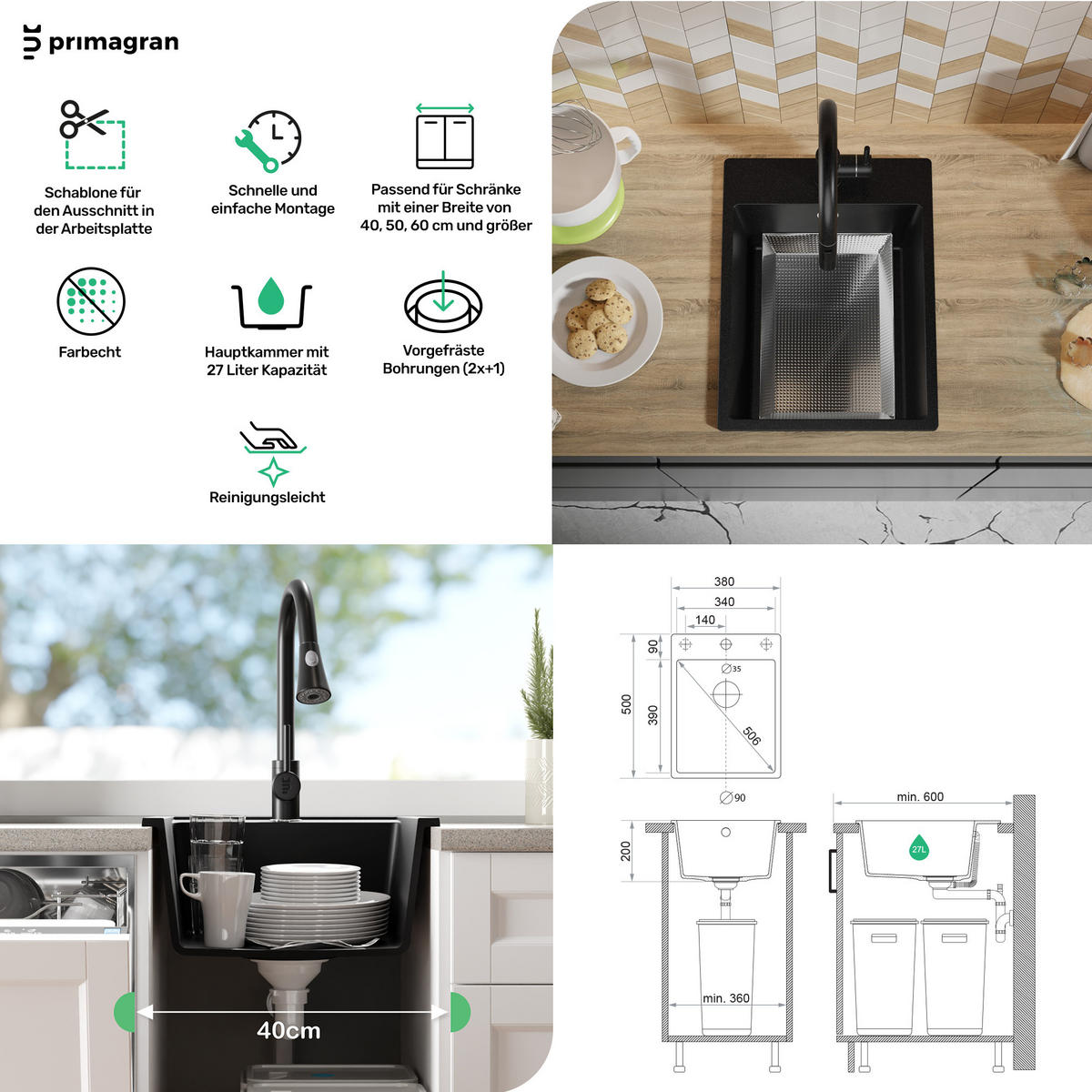 SPÜLBECKEN Riga, 2-er set Weiß 38/50 cm 1 Becken + Ablauf-Set ab 40er Unterschrank - Chromfarben/Weiß, Kunststoff (38/20/50cm) - Primagran