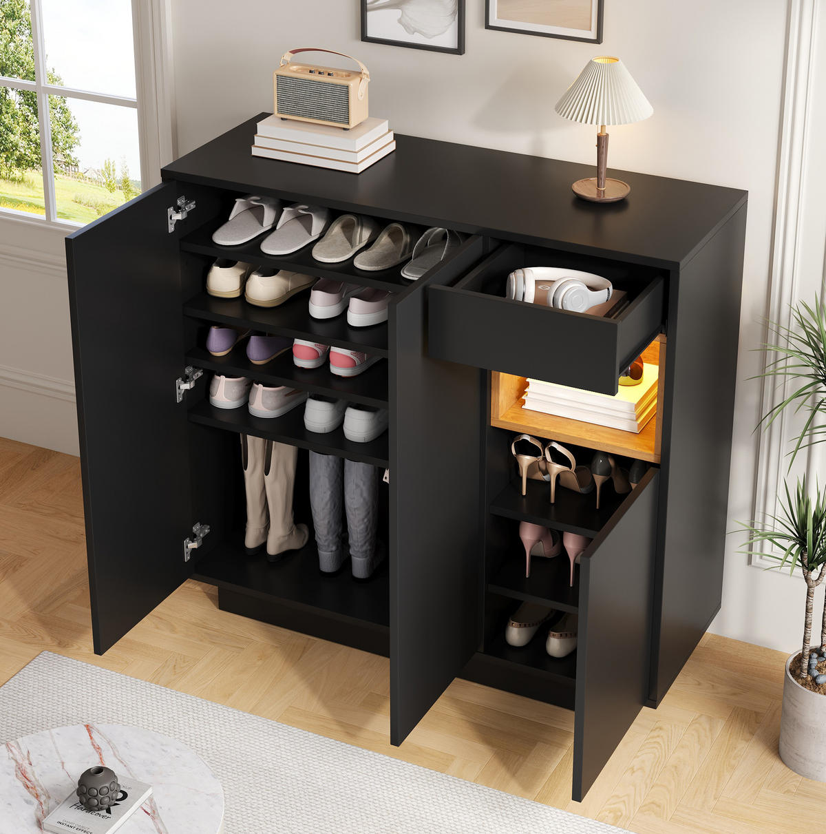 SCHUHSCHRANK aus Spanplatte 105x39,5x100,5cm in Schwarz mit LED-Beleuchtung - Schwarz, Holzwerkstoff (105/100.5/39.5cm) - Modfu