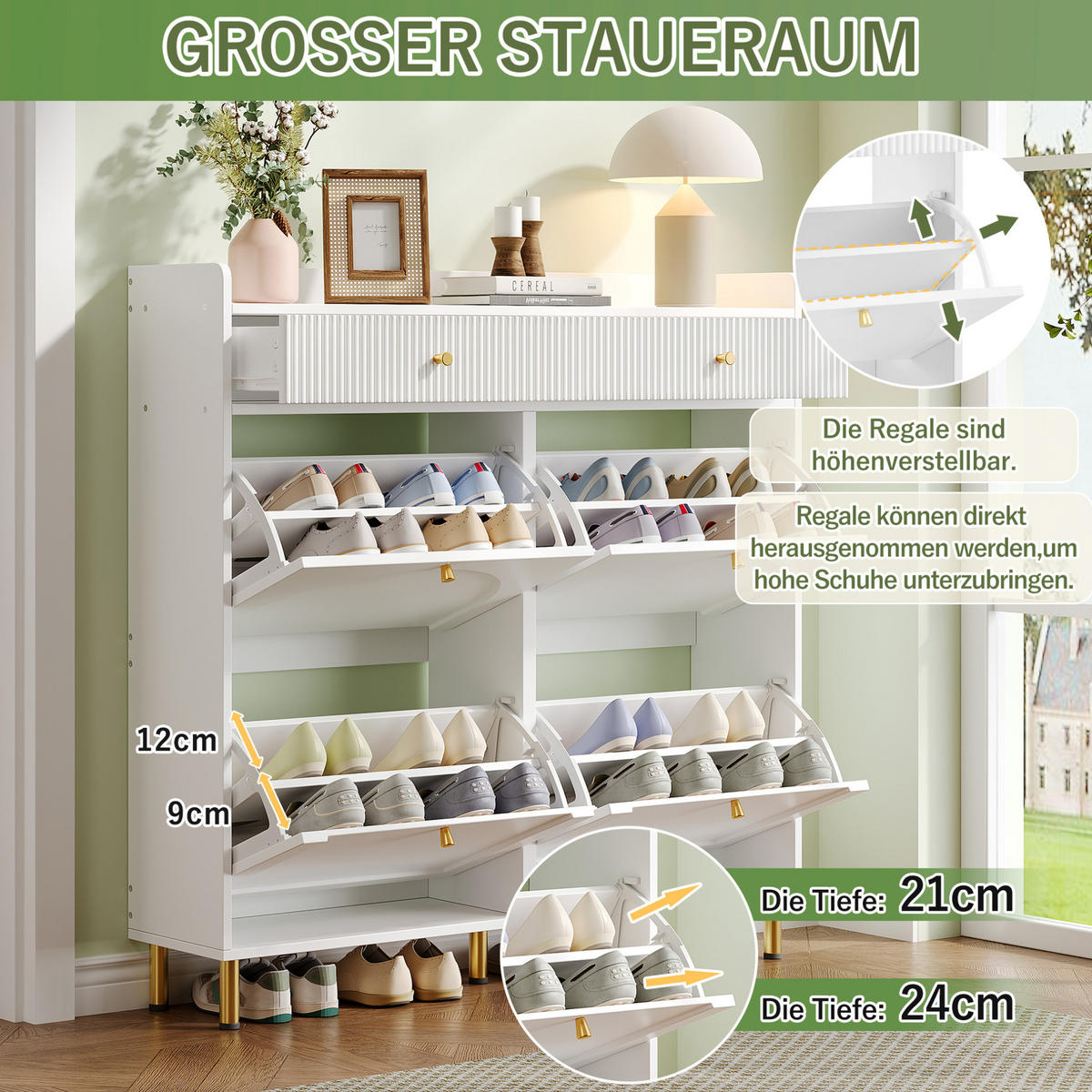 SKRINKA na topánky 106,5/25/105,5 cm biela s 4 výklopnými priehradkami a 2 zásuvkami z MDF a drevotriesky - biela, kompozitné drevo (106.5/105.5/25cm) - OKWISH