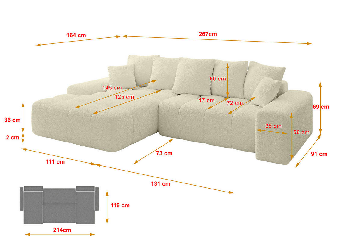 ECKSOFA Ottomane Links ENSI-L - 267x164x69 cm Creme - Creme, Holzwerkstoff/Kunststoff (267/164cm) - ALTDECOR