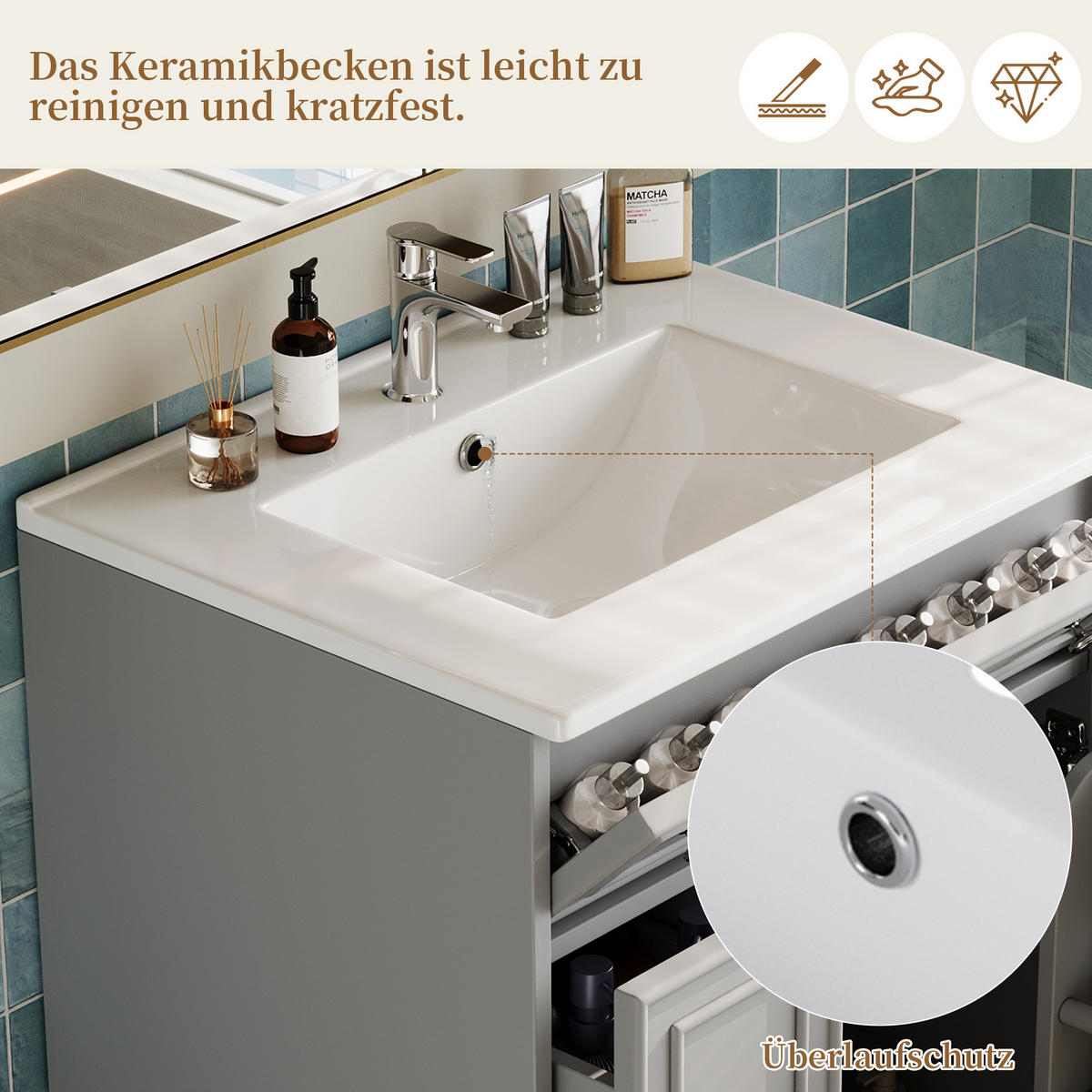 WASCHTISCHKOMBI 61/47/87 cm Grau mit 3 Schubladen, ohne Wasserhahn - Grau, Holz/Holzwerkstoff (47/87/61cm) - Oxeza