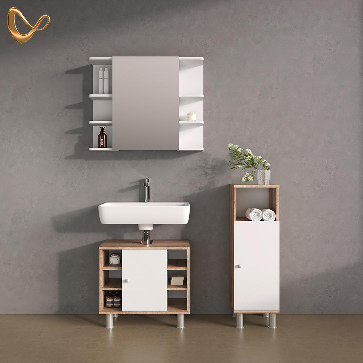BADMÖBEL-SET Fucino Sonoma 3 Teile, mit Midischrank - Weiß/Sonoma Eiche, Holzwerkstoff (60/54/32cm) - Livinity®