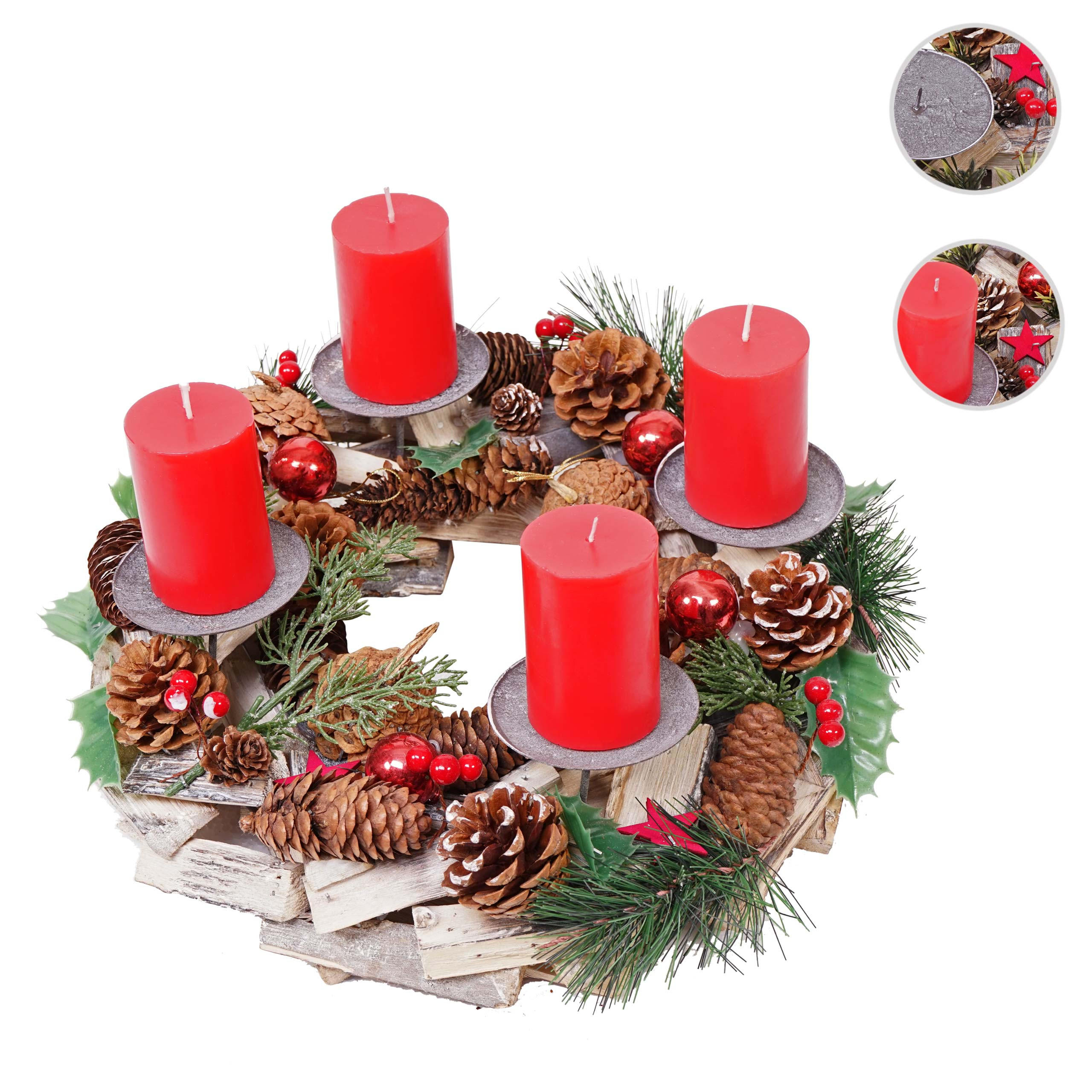 ADVENTSKRANZ HOLZ MIT KERZEN ROT Grau, Multicolor, Rot - Rot/Multicolor, Holz (12cm) - MCW