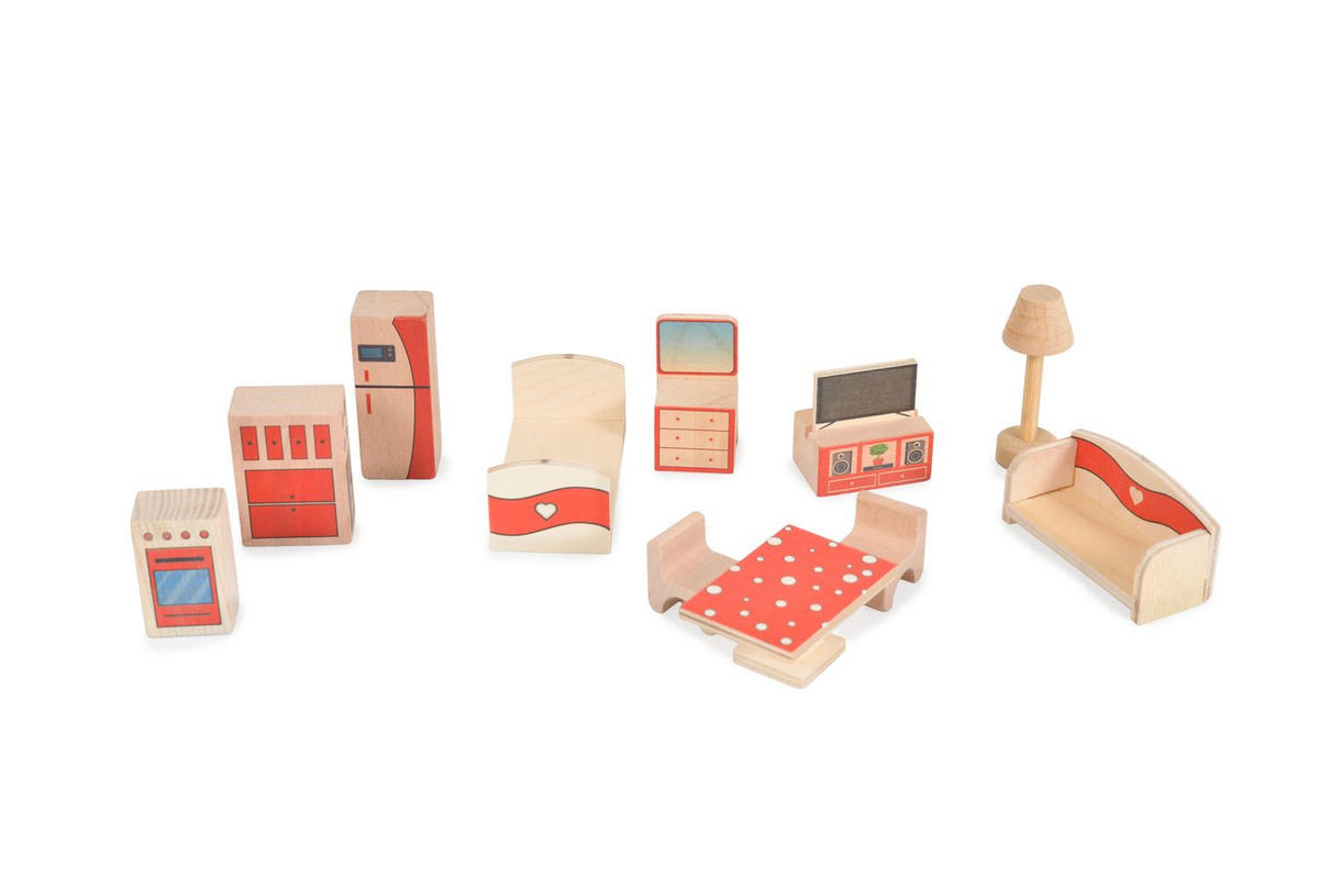 PUPPENHAUS Elly rot Holz, 11 Möbelstücke, 2 Etagen, 4 Zimmer, Küche, Bad, Türen, Puppe - Rot, Holz (32/53/53cm) - Moni