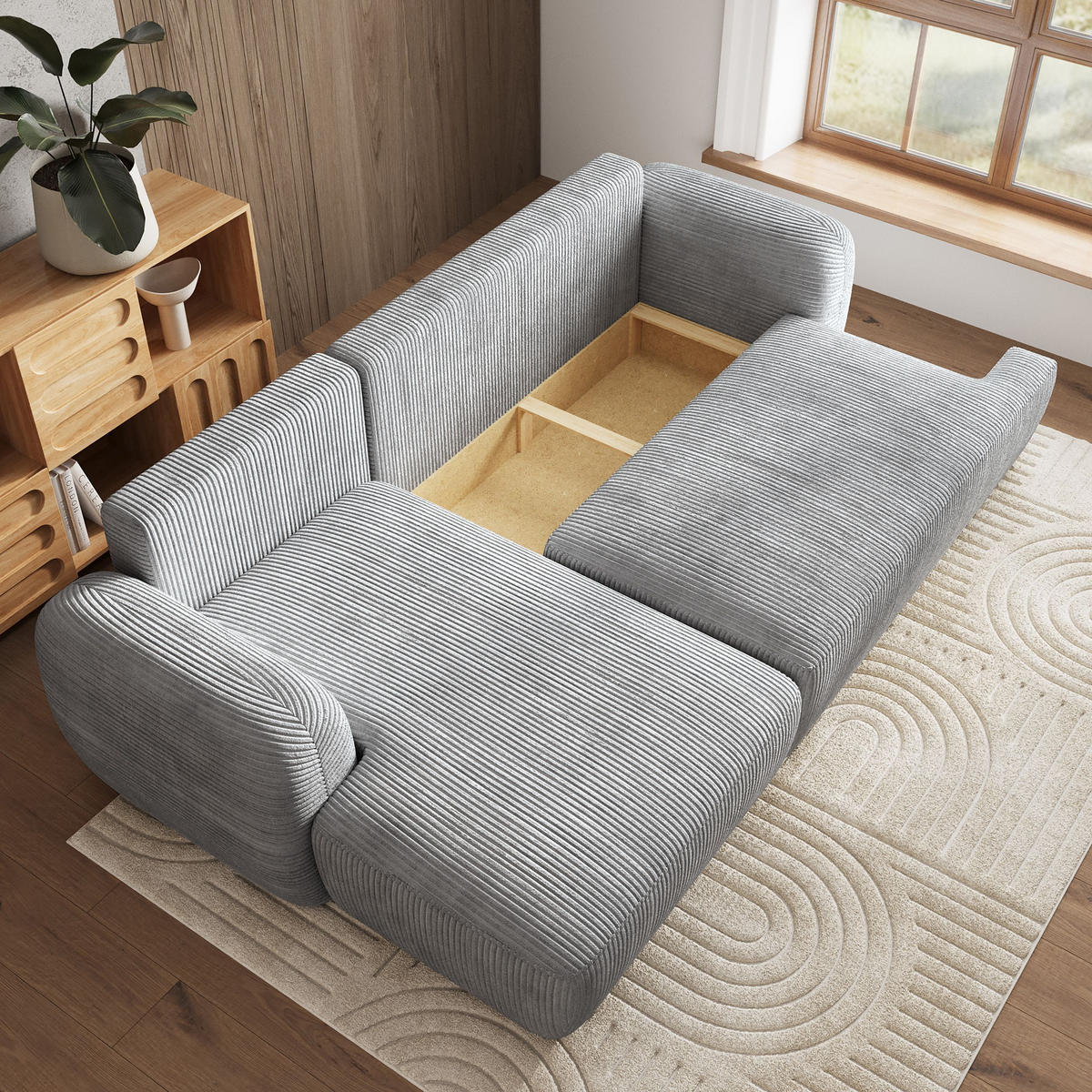 ECKSOFA MODENZA P L-S Schwarz Kordstoff mit Schlaffunktion - Schwarz, Holz (266/148cm) - MASSENO