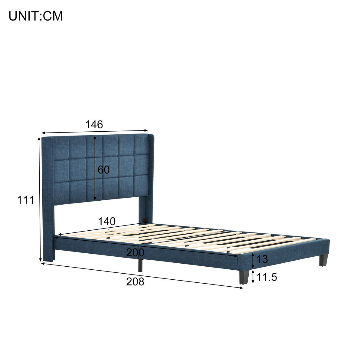 POLSTERBETT aus Leinen 140x200 cm Blau mit Lattenrost und Taschenfederkernmatratze - Blau, Textil (140/200cm) - IVMEU