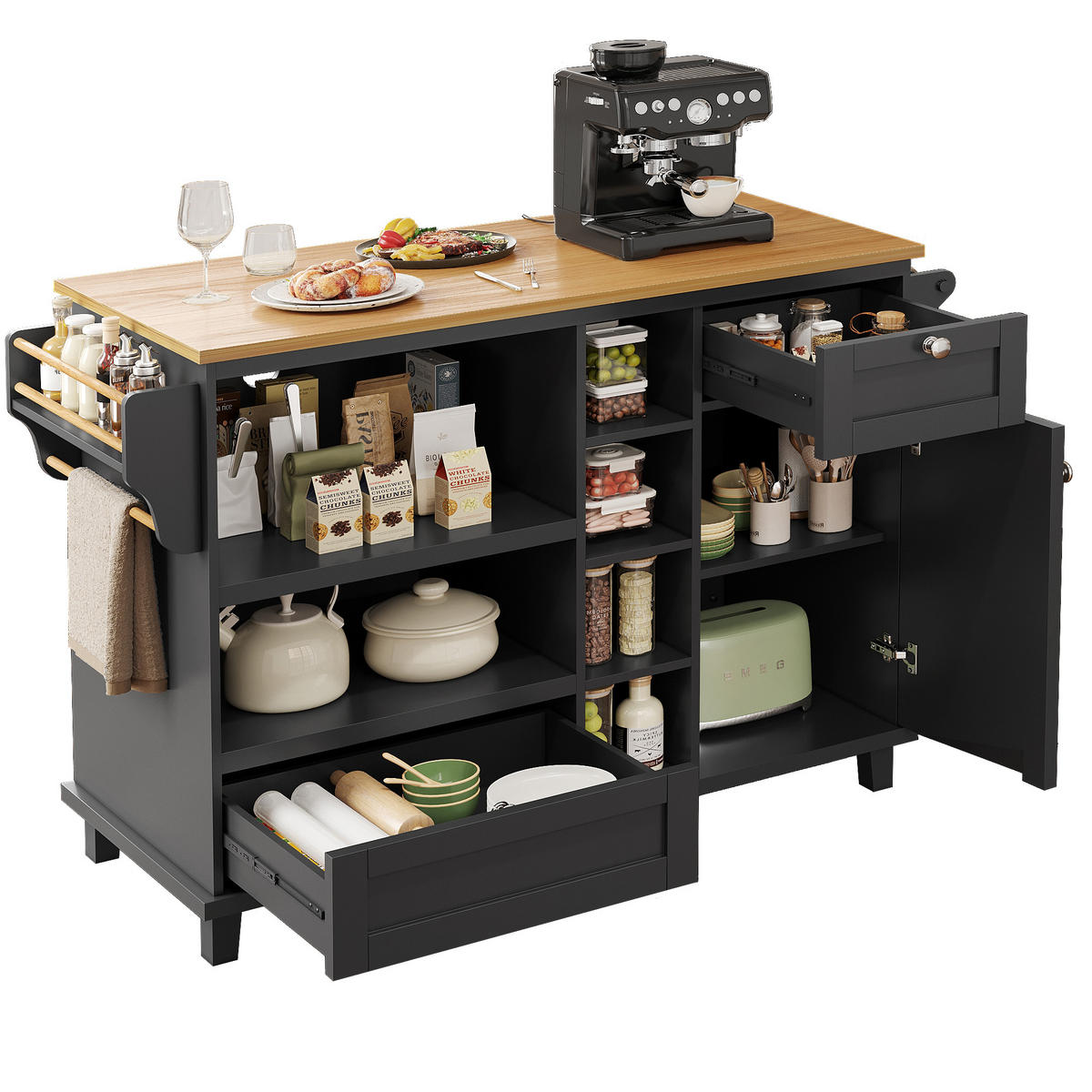 KÜCHENSCHRANK mobil 129x46x96cm Schwarz mit Schubladen & 5 Rädern - Schwarz, Holzwerkstoff (129/96/46cm) - Modfu