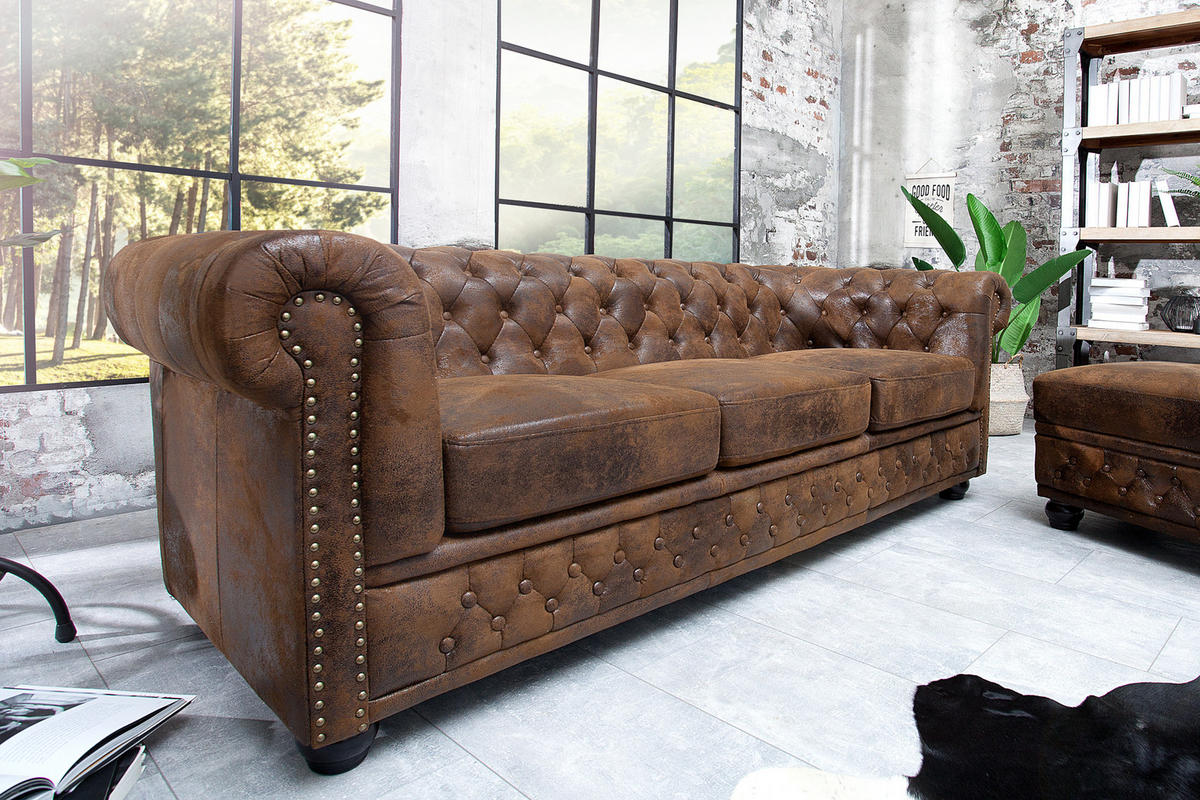 3-SITZER SOFA CHESTERFIELD Microfaser Braun 205 cm - Braun, Holz/Textil (205/73/85cm) - riess-ambiente
