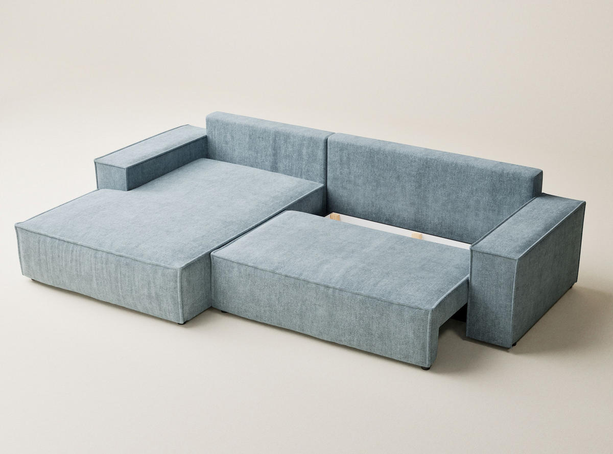 ECKSOFA Maze Hellblau Chenille-Stoff - Links Seite - Schwarz/Hellblau, Holz/Holzwerkstoff (185/294cm) - Maison de Reve