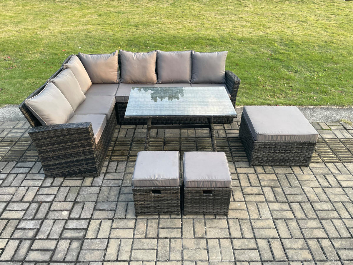 GARTENLOUNGE mit Ecksofa Polyrattan Dunkelgrau 9-Sitzer - Dunkelgrau/Grau, Glas/Kunststoff - Fimous