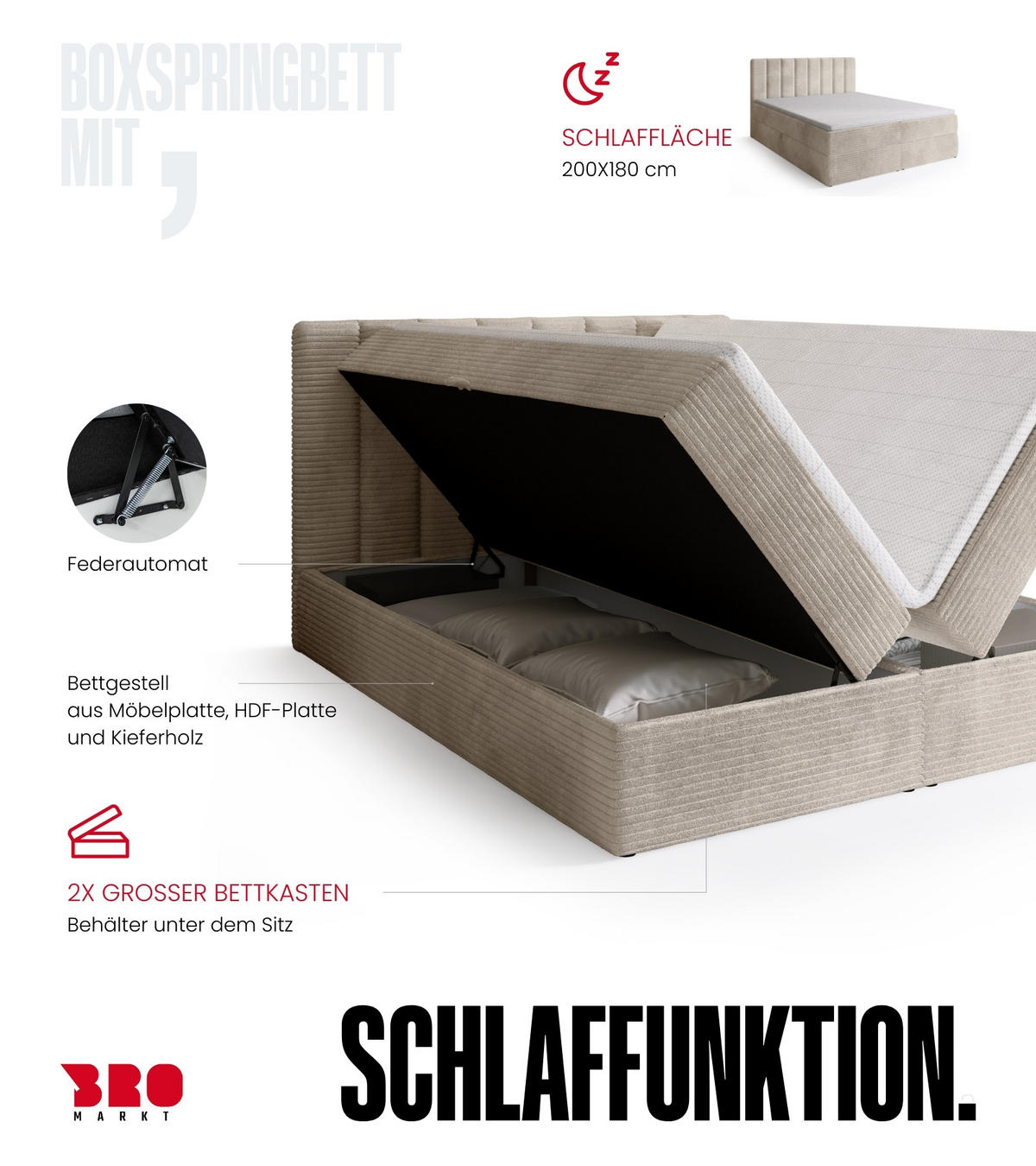 BOXBETT DENVER mit Topper 180x200 Vanille - Creme, Textil (180/200cm) - Bromarkt