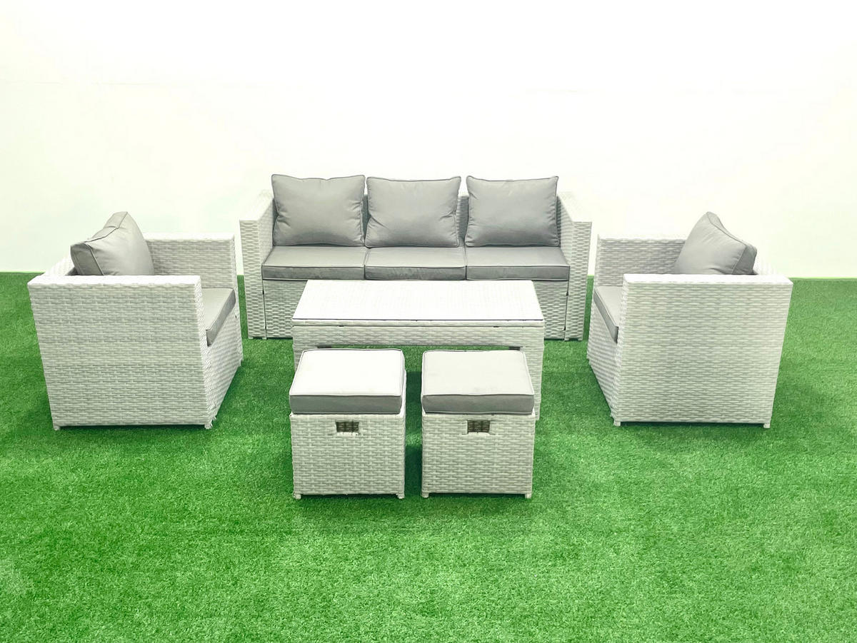 GARTENSET mit 3-SITZER SOFA,COUCHTISCH Polyrattan Hellgrau-Mix 7-Sitzer - Hellgrau/Grau, Glas/Kunststoff - Fimous