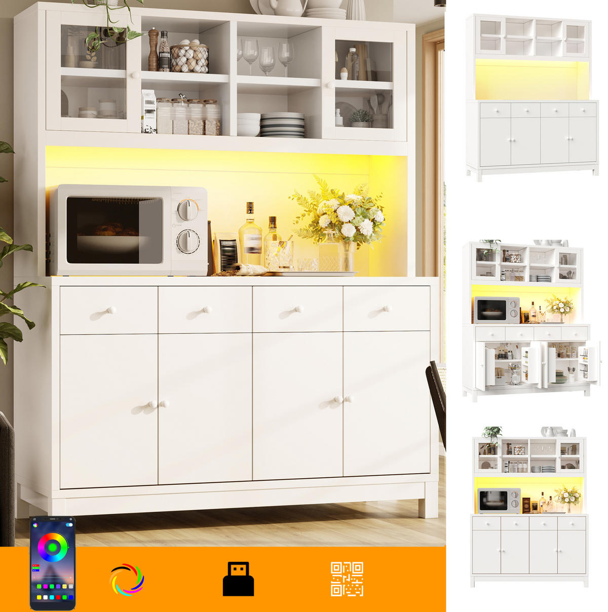 BUFFETSCHRANK aus MDF 140x38,5x180 cm Weiß mit RGB-LED, Glastüren, 4 Schubladen und Stauraum - Weiß, Holzwerkstoff (140/180/38.5cm) - IVMEU