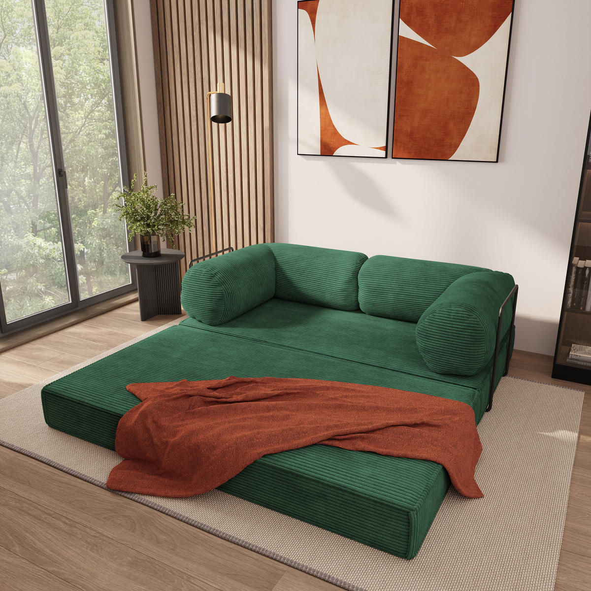 POHOVKA z pěny ALVIO s kovovým rámem Manšestrová látka Zelená - zelená barva, textil (170/68/80cm) - MASSENO