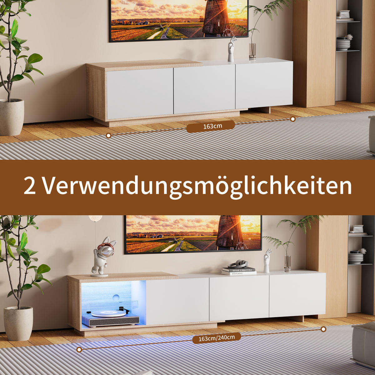 TV LOWBOARD 240x38x44 cm LED Fernsehschrank weiß - Weiß, Holz (240/44/38cm) - LEBENLANG