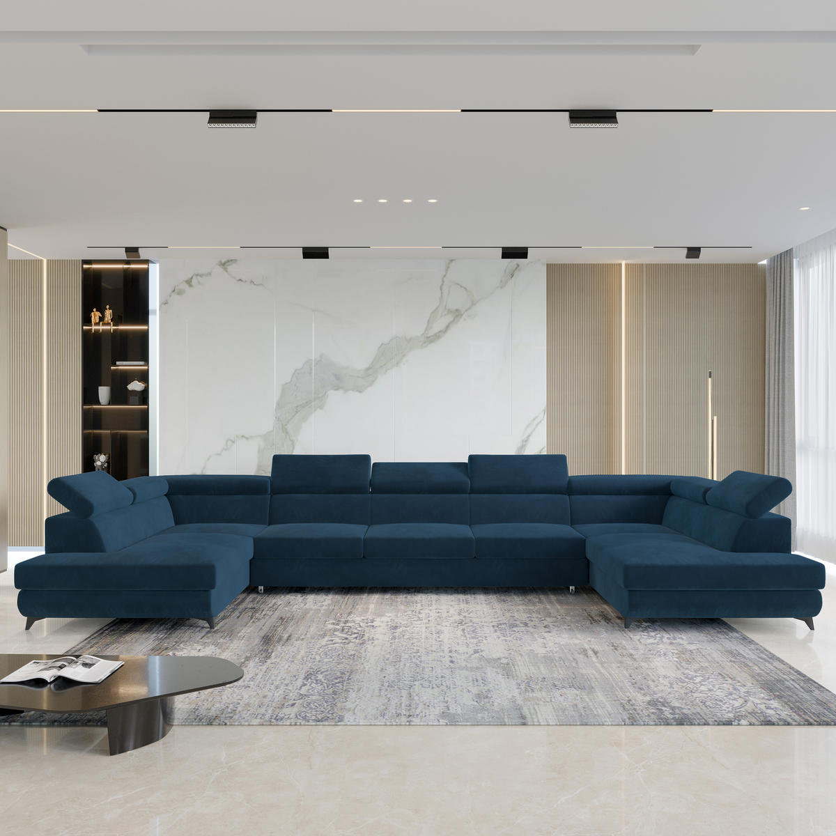 ROHOVÁ SEDAČKA URMANO modrá - modrá/černá, kov/dřevo (395/190cm) - MASSENO