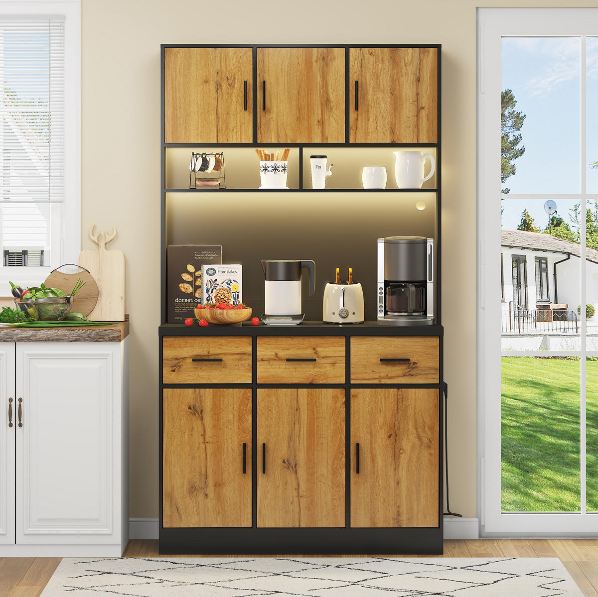 BUFFETSCHRANK aus MDF, mit LED, 3 Schubladen & Steckdosenleiste, 100/40/180 cm, Schwarz/Natur - Schwarz, Holzwerkstoff (100/180/40cm) - Modfu