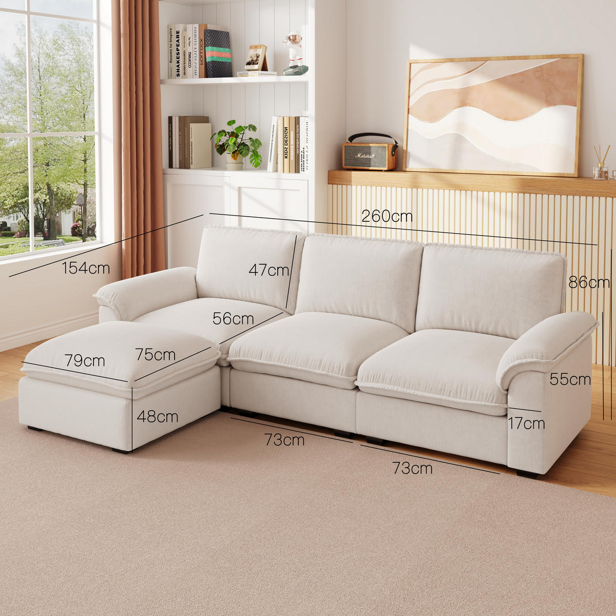 ECKSOFA 260/154/86 cm Beige mit Ottomane und Armlehnen - Beige, Textil (260/154cm) - Oxeza
