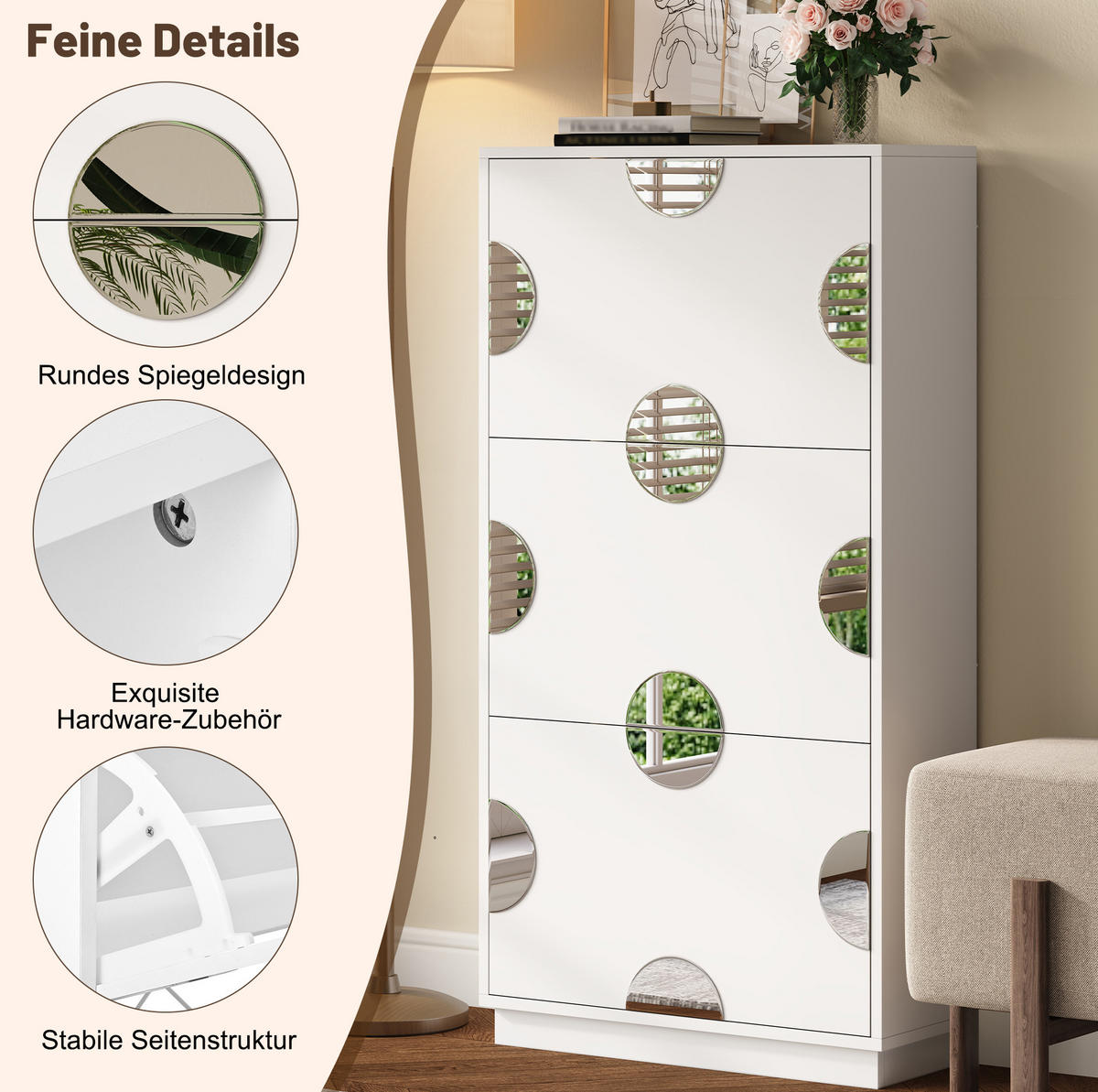 SCHUHSCHRANK 63/24/120 cm weiß aus MDF mit 3 Klappen und Spiegel - Weiß, Holzwerkstoff (63/120/24cm) - OKWISH