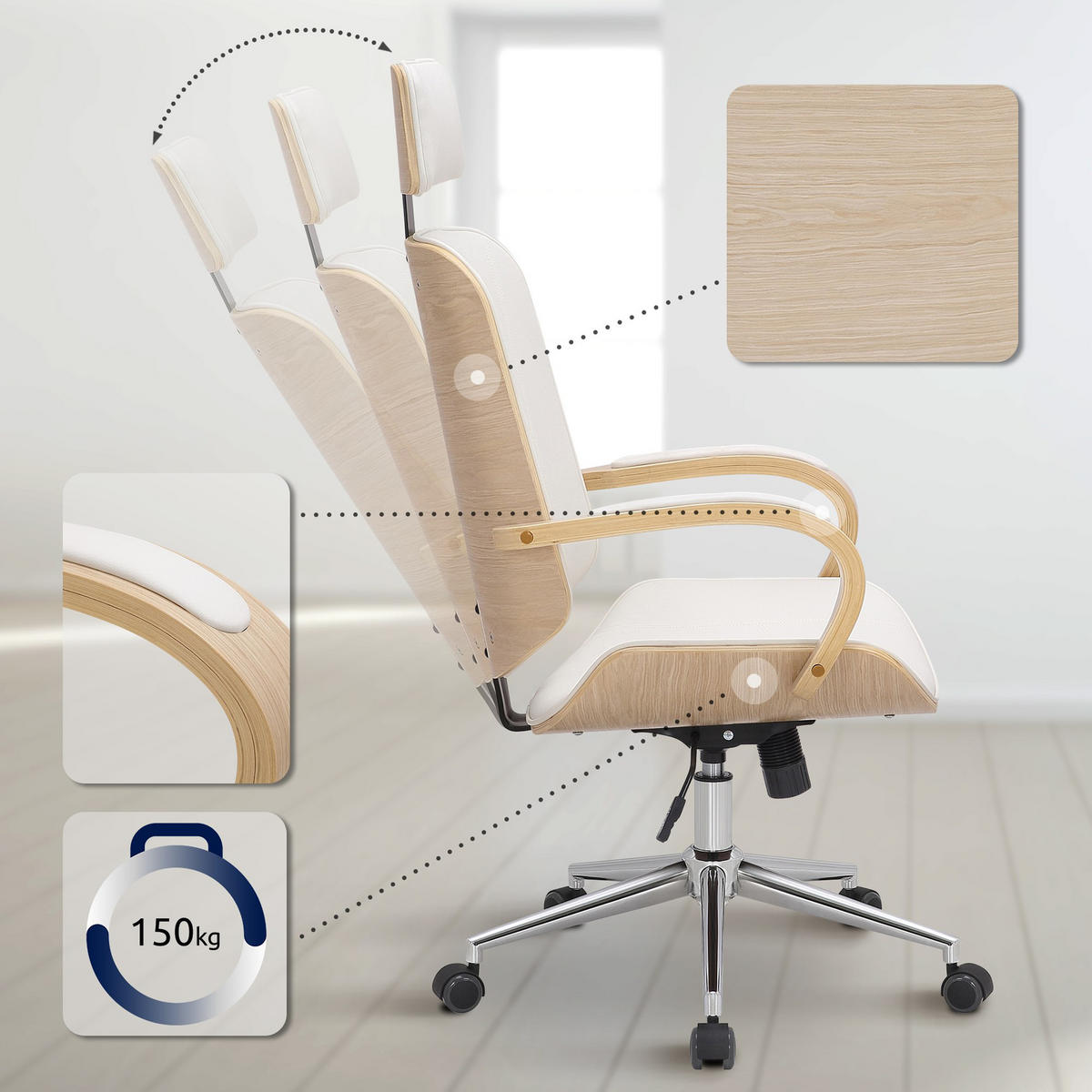 BÜROSTUHL Daytona natura/weiß - Chromfarben/Weiß, Metall (70/125/70cm) - TPFLiving