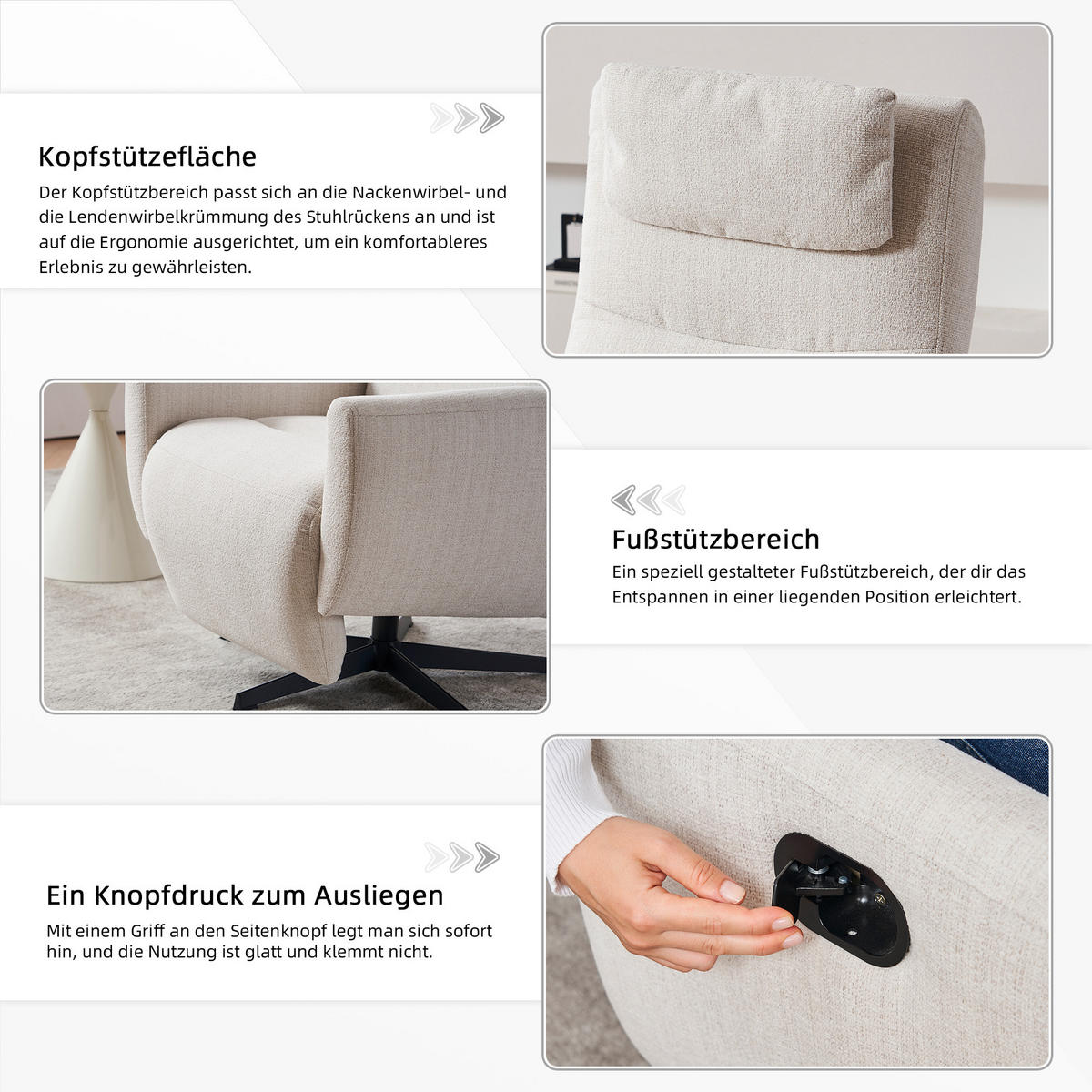 RELAXSESSEL Chenille mit Liegefunktion und 360° Drehfunktion 67/80.5/110 cm Beige - Beige, Textil (80.5/110/67cm) - Redom