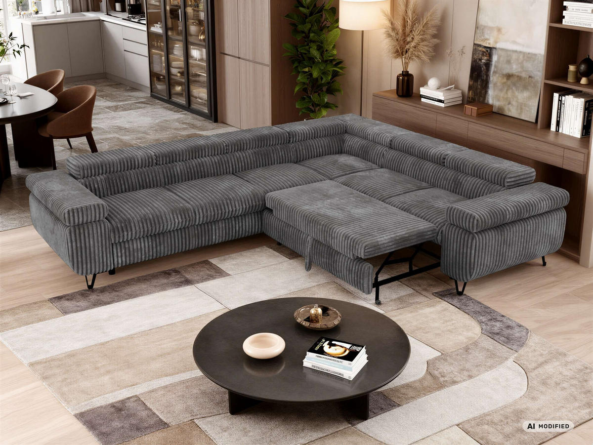 ECKSOFA NORDEN L - Grau Cord - Links Seite - Schwarz/Grau, Textil/Metall (269/329cm) - MKS