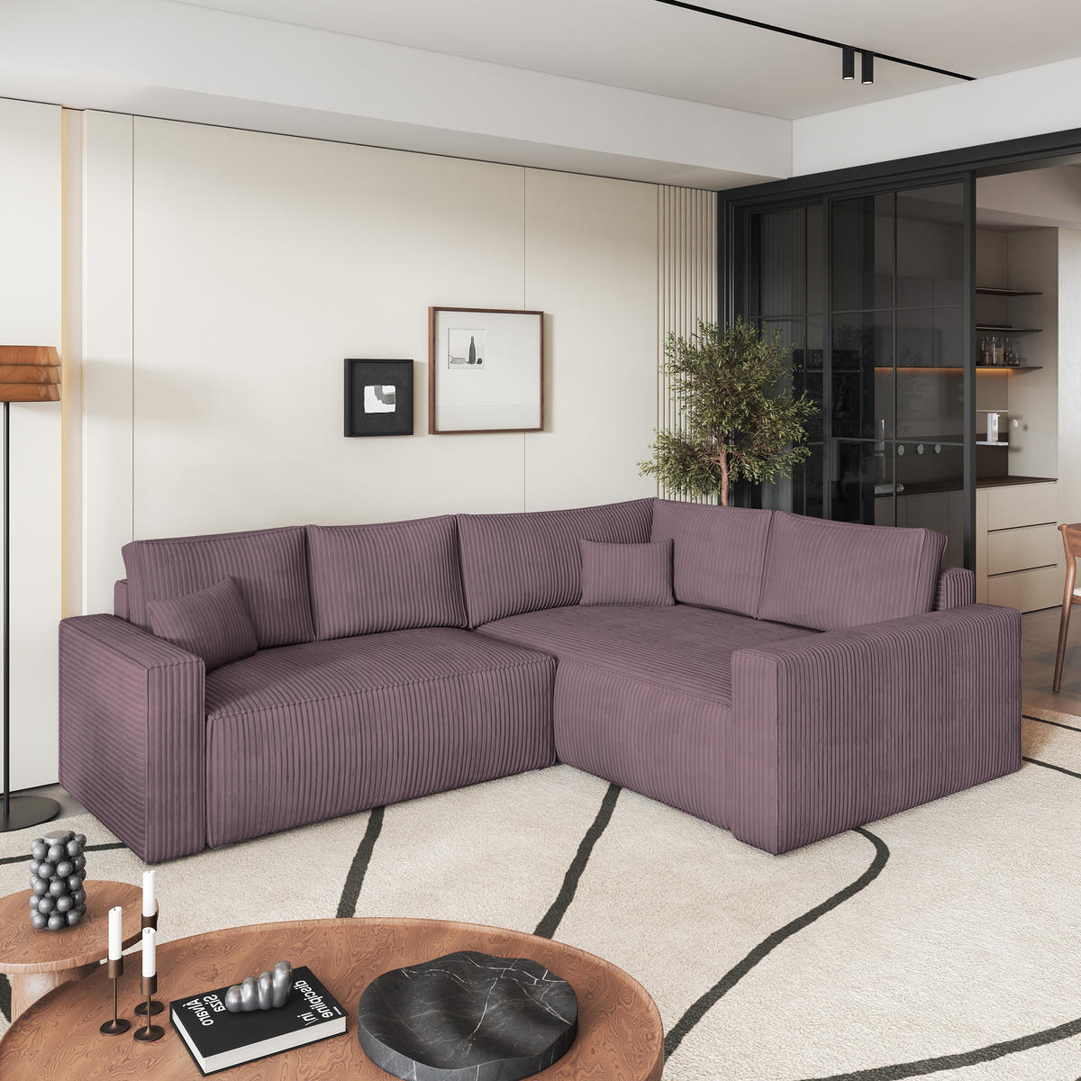 ECKSOFA ERONIS R-S Lila Kordstoff mit Schlaffunktion - Lila, Holz (265/194cm) - MASSENO