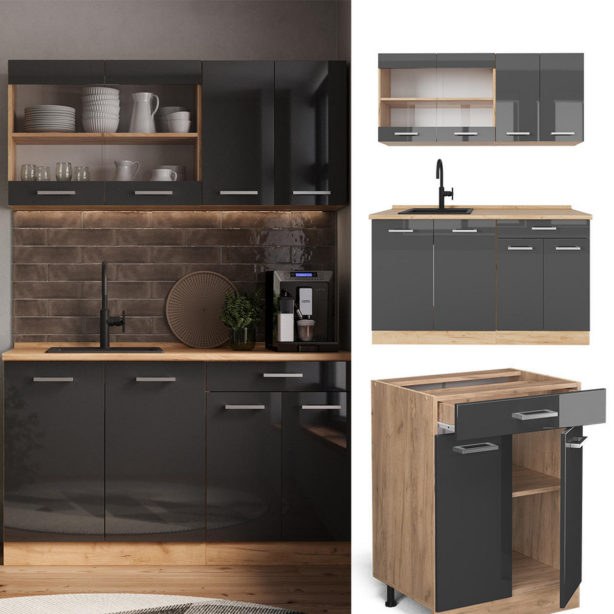 SINGLEKÜCHE R-Line Anthrazit Hochglanz/Goldkraft Eiche 140 cm ohne AP - Anthrazit/Eiche Wotan, Holzwerkstoff (140/81.6/46cm) - Vicco
