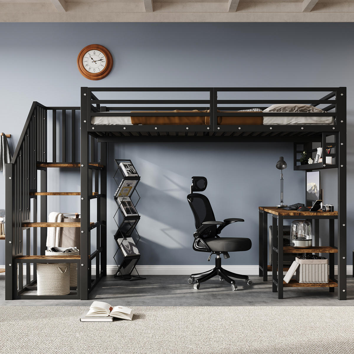 HOCHBETT 120x200 cm Treppe Schreibtisch schwarz - Schwarz, Metall (120/200cm) - LEBENLANG