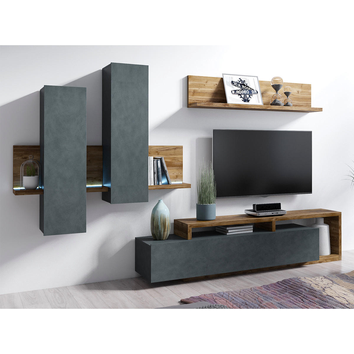 TV-MÖBEL Ilyes Grau und Holz - Grau, Holzwerkstoff (219/25/45cm) - Petits-meubles