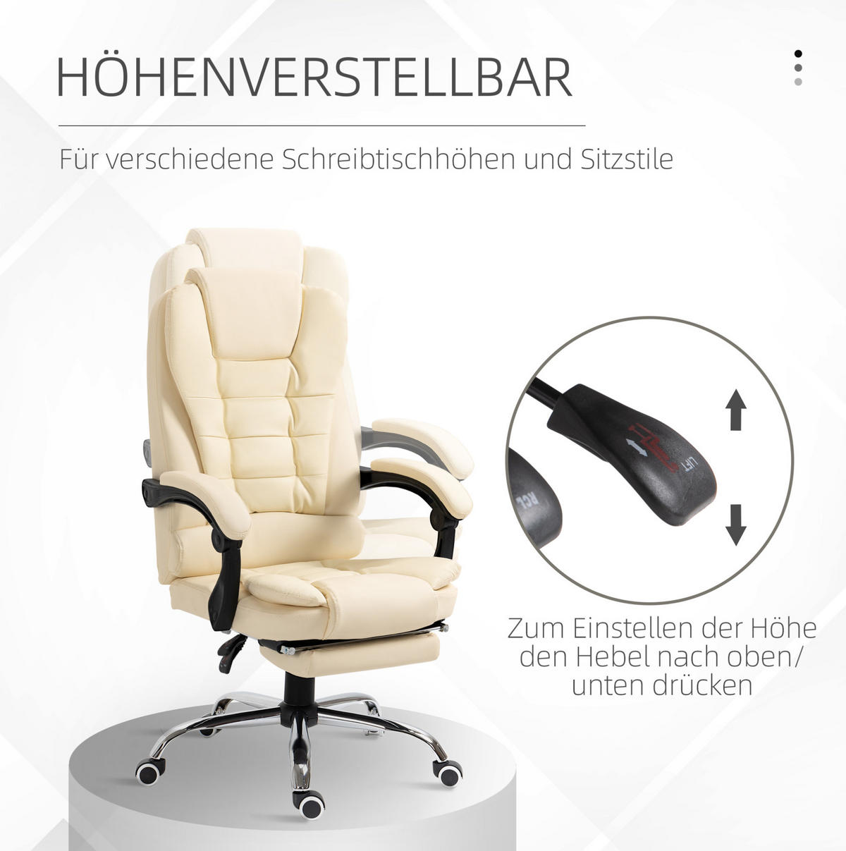 STUHL 64,5/69/109–117 cm, ergonomischer Chefsessel mit Fußstütze und Bonded-Leder,Creme - Creme, Kunststoff (69/117/64.5cm) - Redom