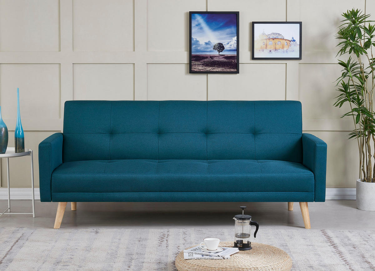 SCHLAFSOFA wooden blau 3-sitzer stoff - Blau, Holz (209/88/89cm) - Concept Usine