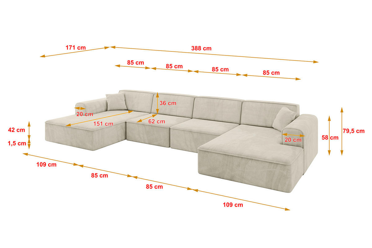 WOHNLANDSCHAFT IREA-U2-v3 - 388x171x79 cm Dunkelgrau - Ecru, Holzwerkstoff/Textil (388/79/171cm) - ALTDECOR