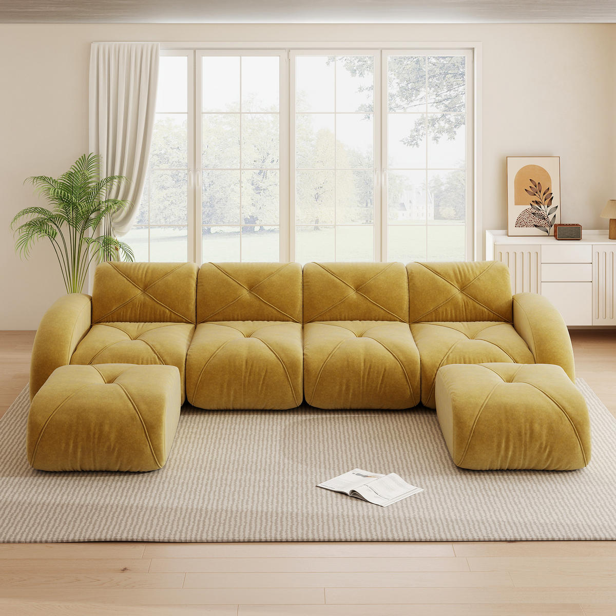 4-SITZER Sofa 358×171×76 cm Chenille rahmenlos modular mit 2 Hockern, gelb - Gelb, Textil (171/76/358cm) - Luhomfu