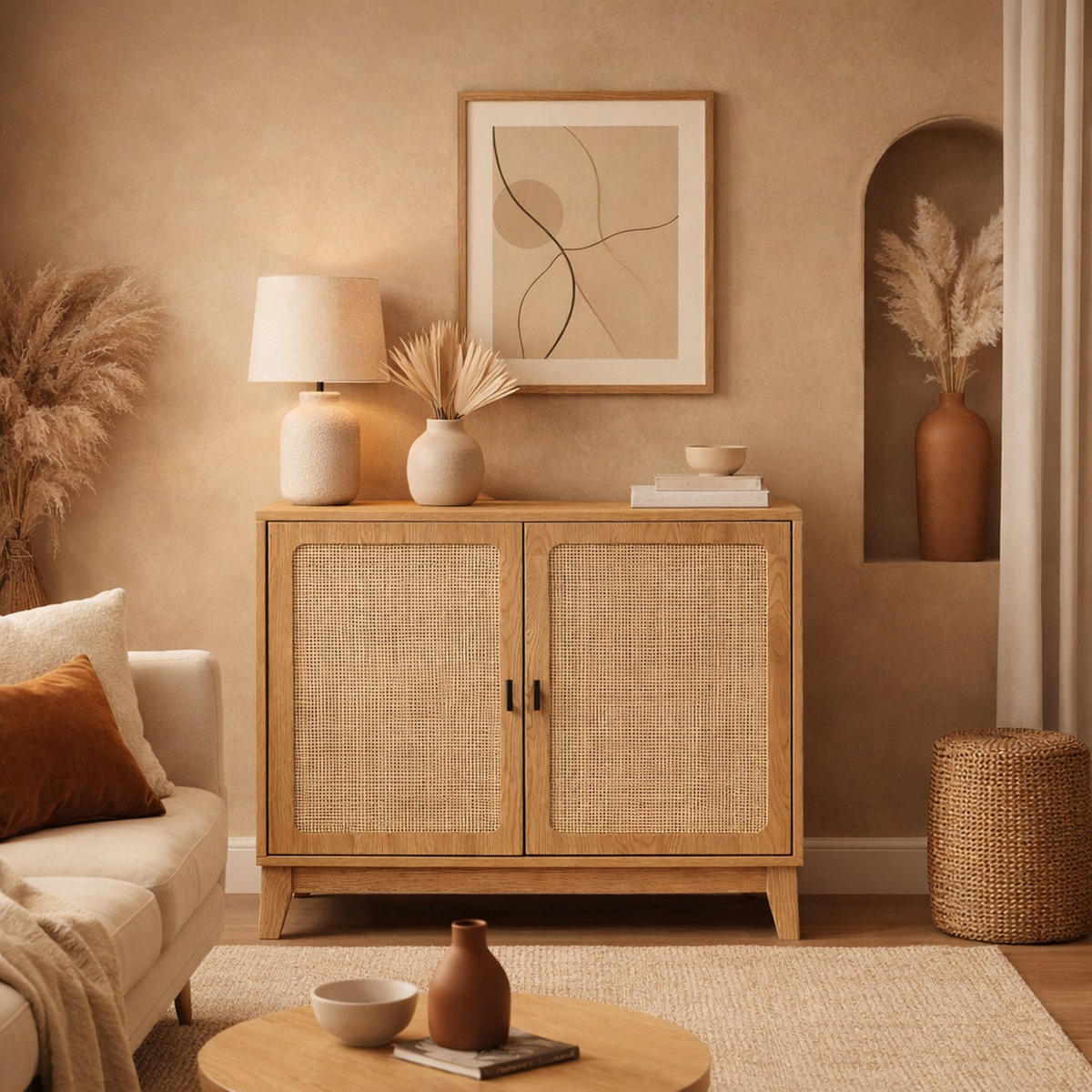 SIDEBOARD mit 2 Türen aus natürlichem Rattan 35/75/80 cm - Nussbaumfarben, Holzwerkstoff (35/75/44.5cm) - Calicosy