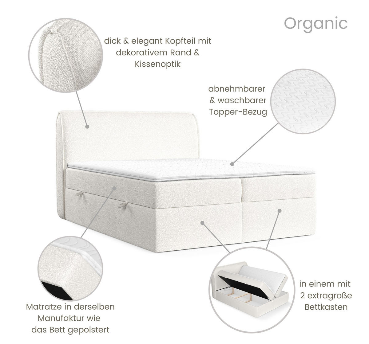 BOXBETT Organic Weiß 200/200 cm mit Bonellmatratze und Topper - Schwarz/Weiß, Holz/Holzwerkstoff (200/200cm) - Maison de Reve