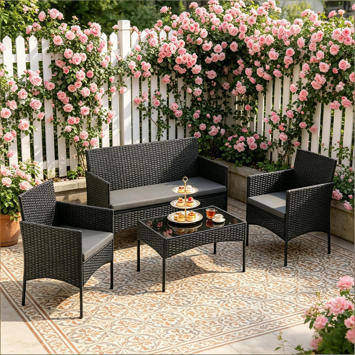 DINING-LOUNGESET 4 Stück mit 1 Couchtisch, 2 Sessel, 1 Doppelsofa - Schwarz, Textil - Coonoor