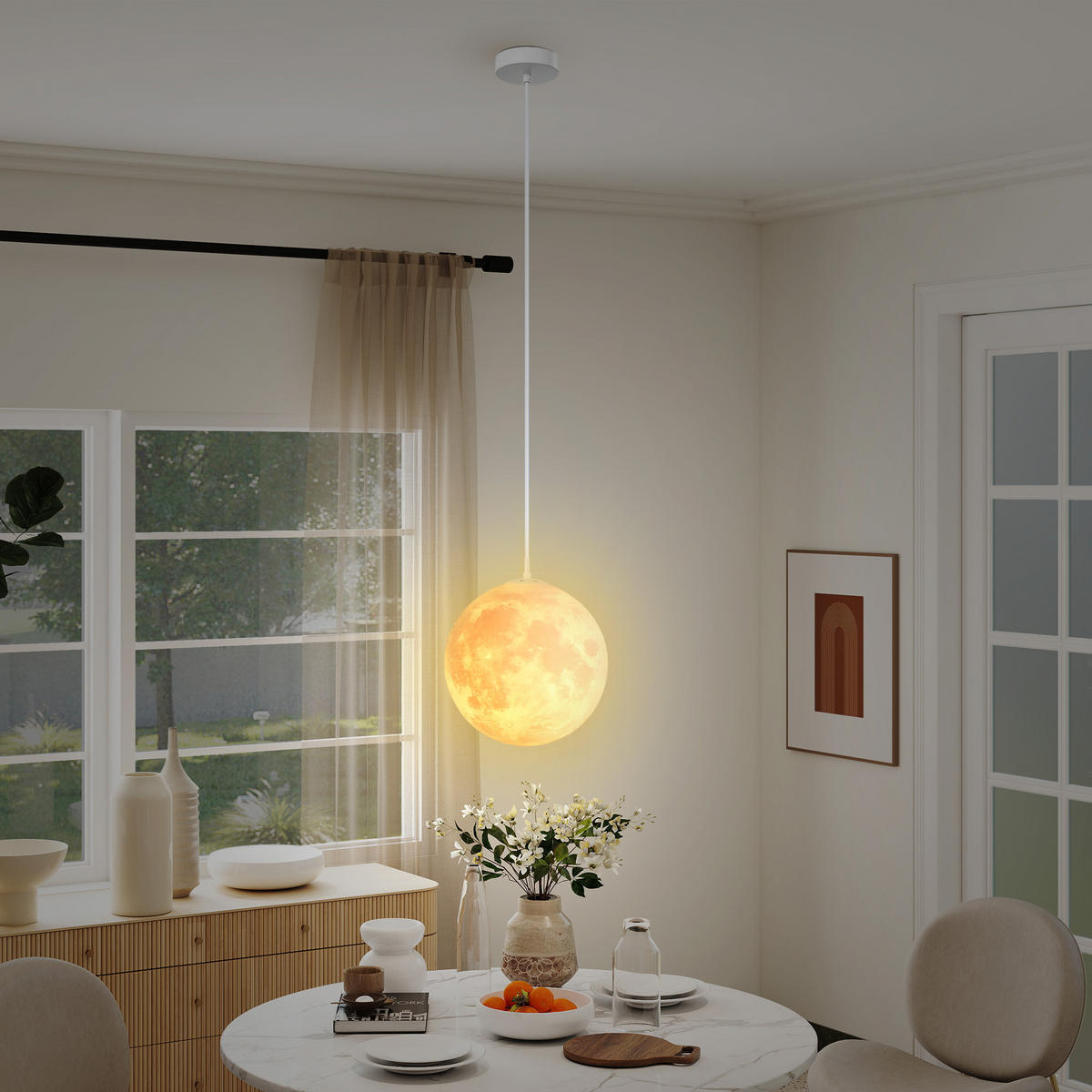 3D Mond Pendelleuchte Hängelampe mit APP-Steuerung, Musik, Cremeweiß - Weiß, Kunststoff (30/30/30cm) - HOMCOM