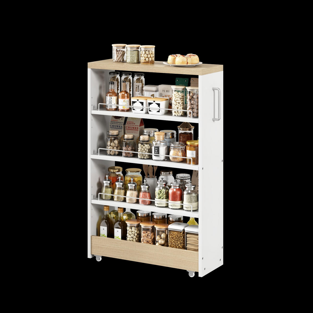 KÜCHENSCHRANK16 CM SCHMAL Küchenwagen auf Rollen, 55/16/85 cm, MDF, Weiß mit Holzoptik, MIT 4 VERSTELLBAREN REGALBÖDEN, für Küche und Bad - Weiß, Holzwerkstoff (16/85/55cm) - Rolipo