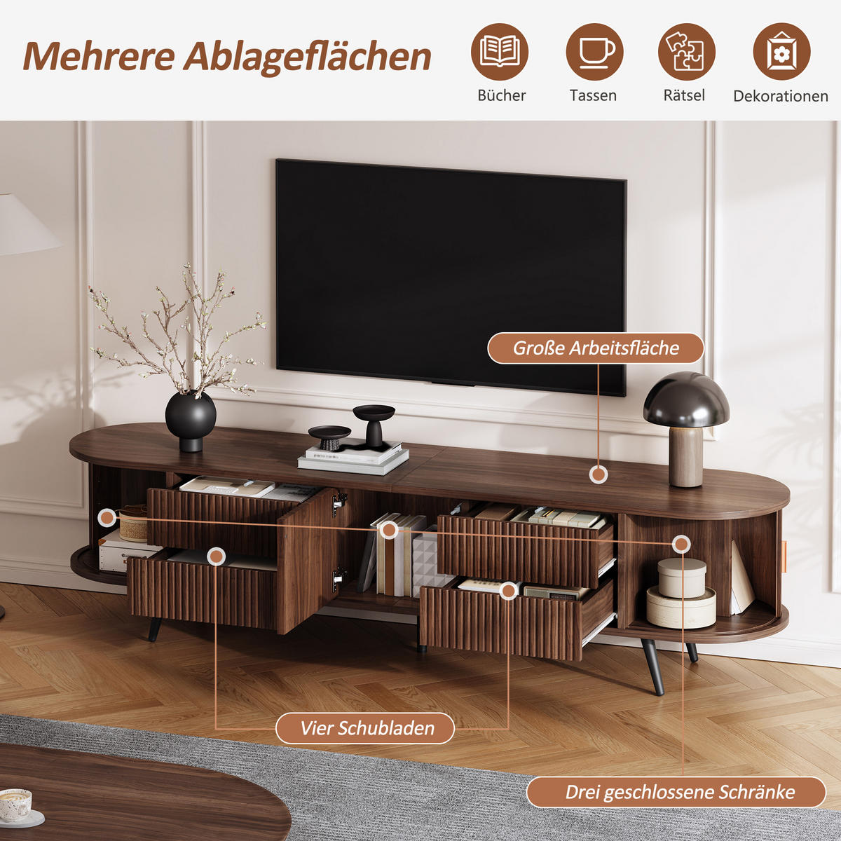 TV-SCHRANK Oval Lowboard Nussbaum 180cm 4 Schubladen Modern - Walnussfarben, Holzwerkstoff (180/45/40cm) - FLIEKS