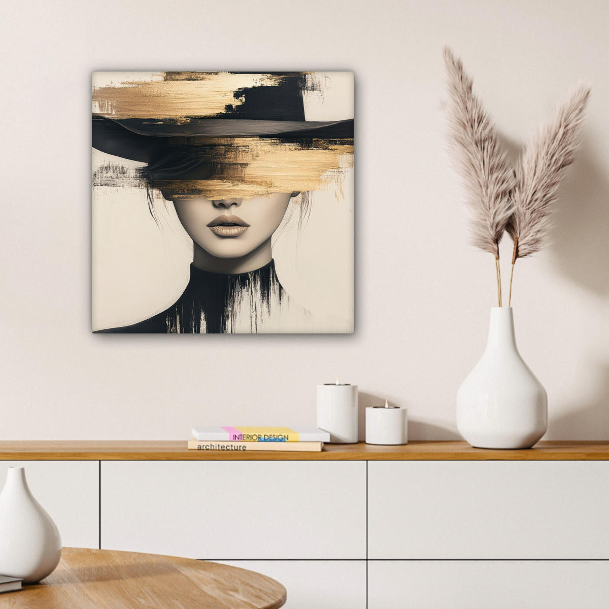 LEINWANDBILD Frau - Hut - Farbe 50x50 cm - Goldfarben, Textil (50/50cm) - MuchoWow